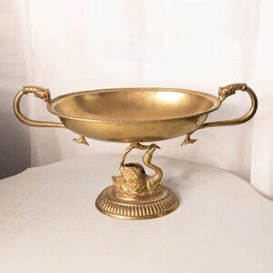 Large Oval Brass Pedestal Bowl with Swan Base and Fish Handles